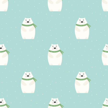 Winter seamless pattern with cute white bear in a knitted scarf under the falling snow, with changeable background color. Vector flat illustration for print and designのイラスト素材