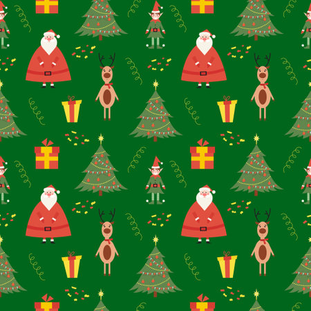 Christmas seamless colorful pattern with cute santa clause, little elf, tree and deer, with changeable background color. Vector flat illustration for print and designのイラスト素材