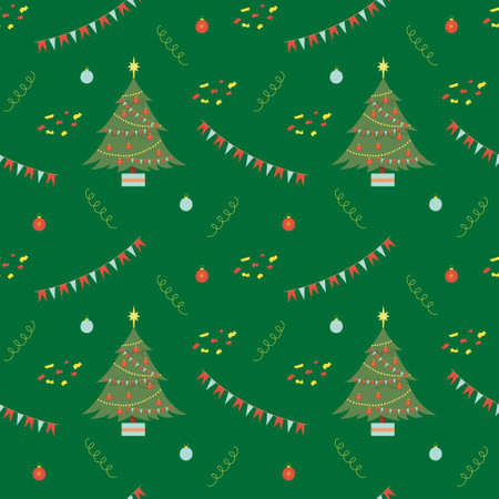 Christmas seamless colorful pattern with cute tree and decorations, with changeable background color. Vector flat illustrationのイラスト素材