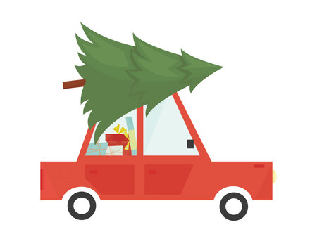 Christmas car delivering christmas tree and gifts. Vector flat cartoon colorful illustration for greeting card and new year designのイラスト素材