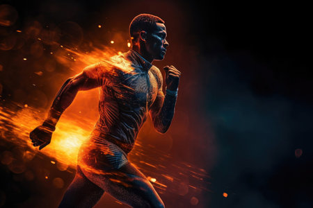 Black sportsman muscular athlete runs on black background with space for text and fire effects, colored smokeの素材