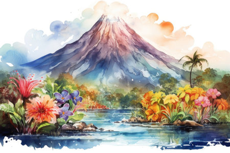 Volcano among blossoming flowers, river and tropics. Watercolor illustrationの素材