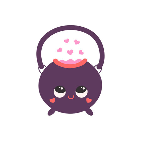 Cauldron with love potion and hearts bubbles in kawaii style. Vector flat isolated illustration for valentines or magic themeのイラスト素材