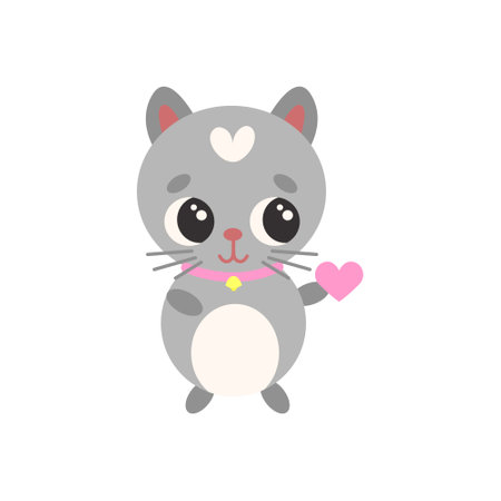 Cute cat with heart in kawaii style. Vector isolated friendly kitten for kids or teenage sticker or printのイラスト素材