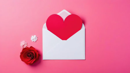 Valentines day white envelope with blank red sheet of paper in shape of heart with copy space for text. Paper cut flower decoration on pink backgroundの素材