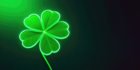 Neon shining four-leaf hamrock banner on Saint Patrick's day with copy space on dark green background.の素材