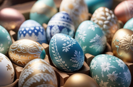 Easter vintage painted with gold and pastel blue eggs for celebrating Happy Easterの素材