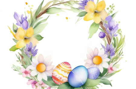 Happy Easter watercolor crown frame with spring flowers, eggs in pastel colors. Greeting card background with copy spaceの素材