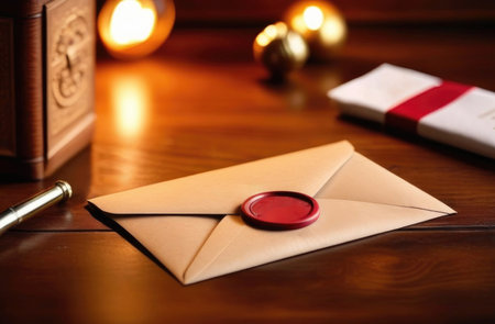 Envelope with red wax seal on wooden table, vintage and old viewの素材