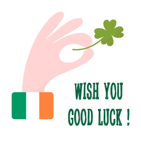 Saint Patricks day. Shamrock with four petals in hand, colors of Irish flag on shirt sleeve. Wish you good luck greeting card, posterのイラスト素材
