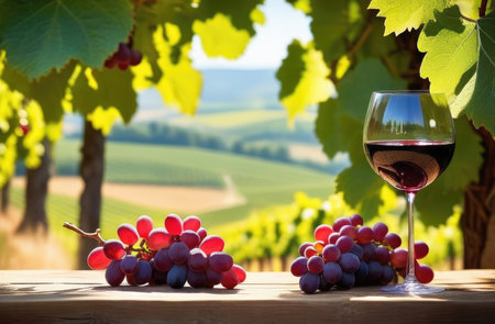 Glass of red wine and red bunch of grapes on sunny wooden terrace. Vineyard Tuscany backgroundの素材
