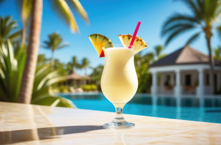 Pina Colada cocktail close up stands at the edge of the swimming pool, palms, travel and hotel summer conceptの素材