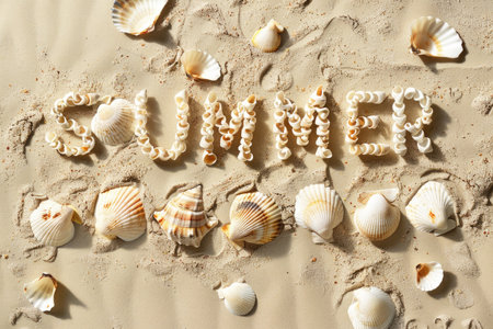 Lettering word Summer made from shells on sand sea beachの素材