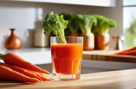 Fresh carrot juice in glass cup on wooden table in kitchen. Healthy breakfastの素材