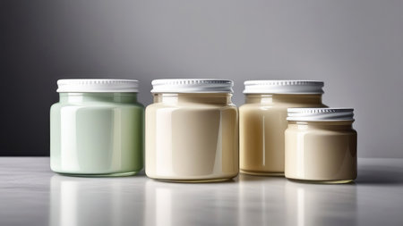 Cosmetic cream bottles mock up on neutral grey background, pastel beige colorsの写真素材