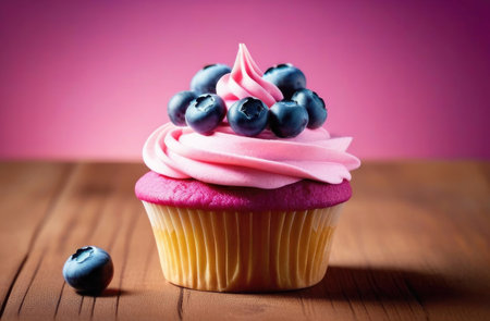 Cupcake with pink cream and blueberries on colorful pink background and wooden surfaceの素材