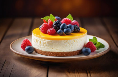 Cottage cheese cake served with fresh raspberries and blueberries in white plate on wooden tableの素材