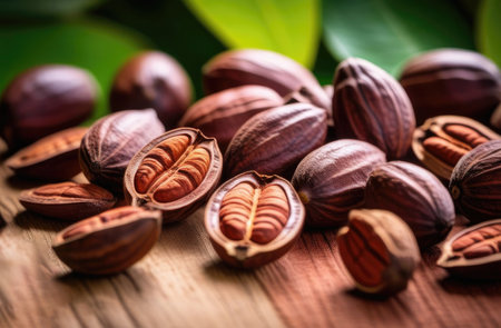 Cocoa beans with leaves on wood table surfaceの素材