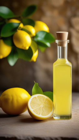 Limoncello italian lemon liquor, fresh lemons. Vertical still life on stone surface and backgroundの素材