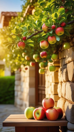 A cluster of apples dangling from a branch of a woody plant on a table. This natural food display is perfect for a food photographyの素材
