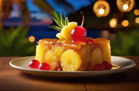 Crushed pineapple upside down cake in a Hawaiian restaurant at night with an open view of palm trees and sea and glowing garlands and lanternsの素材