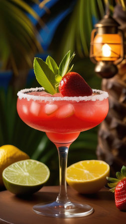 Strawberry margarita cocktail with lime in tall footed glass in Hawaiian, tropical summer restaurant, bar at night overlooking a beautiful sunset of palm trees, sea and glowing garlands and lanternsの素材