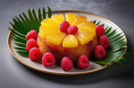 Crushed pineapple upside down cake with raspberries on white porcelain plate on a gray stone surface decorated with palm and monstera leavesの素材
