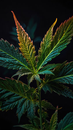 Cannabis green leaf on black background. Vertical banner for dispensary shop or storiesの素材