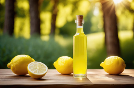 Limoncello italian lemon liquor or lemon juice in transparent glass narrow tall bottle stands on wooden surface against nature background of green trees in park on sunny dayの素材
