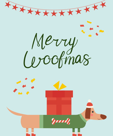 Happy holidays 2024 greeting card. Cute and funny flat Christmas cartoon dachshund character postcard with warm wishes. Merry Woofmasのイラスト素材