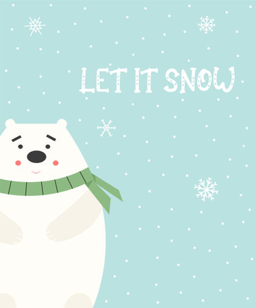 Happy holidays 2024 greeting cards collection. Cute and funny flat Christmas cartoon white bear character postcard with warm wishes. Let it snowのイラスト素材