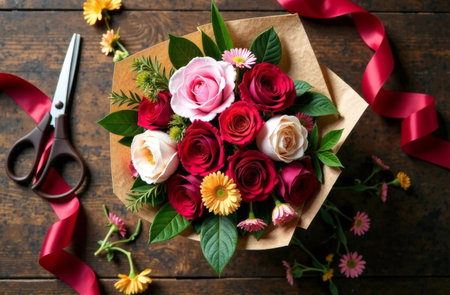 Flower bouquet in craft wrapping paper on wooden table. Florist work space with scissors and red ribbon. Floristic flower shop on Valentine's Dayの素材