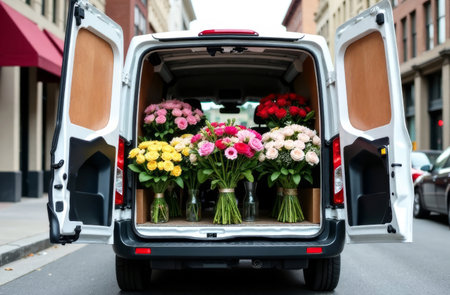 Cargo van ready for delivery from flower shop to customers bouquets. Truck full of flowersの素材