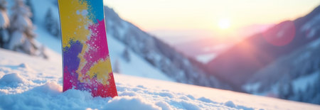 Snowboards stuck in the snow. Winter active sport banner with space for textの素材