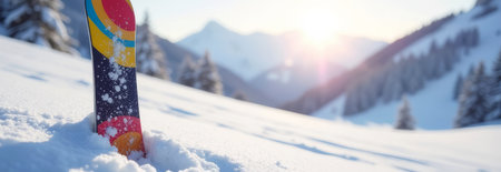 Colorful snowboard stuck in the snow. Winter active sport banner with space for text. Ski resortの素材