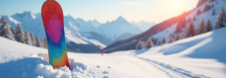 Colorful snowboard stuck in the snow. Winter active sport banner with space for textの素材