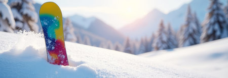 Colorful snowboard stuck in snow. Winter active sport banner with space for textの素材