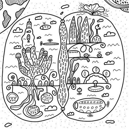 Futuristic city in outer space with its own eco system, architecture and transport. Hand drawn transparent illustration in doodle styleのイラスト素材