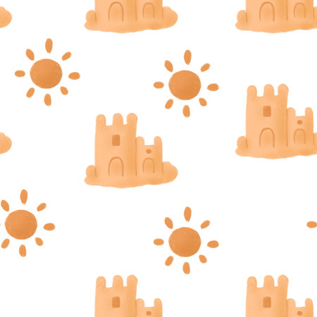 Sand castle with sun seamless pattern. Hand drawn print for textile or wrapping and wallpaper. Children game in sandbox or on summer beach.の写真素材
