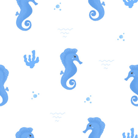 Sea horse blue seamless pattern. Hand drawn cute smiling character for kids and children designs. Drawing print of sea animal and underwater world for wall art or wrapping paper.の写真素材