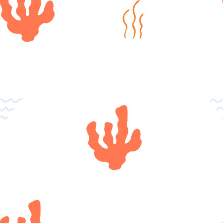 Coral reef and seaweed seamless minimalistic pattern. Underwater and sea life world. Hand drawn print for wall art or textile design.の写真素材