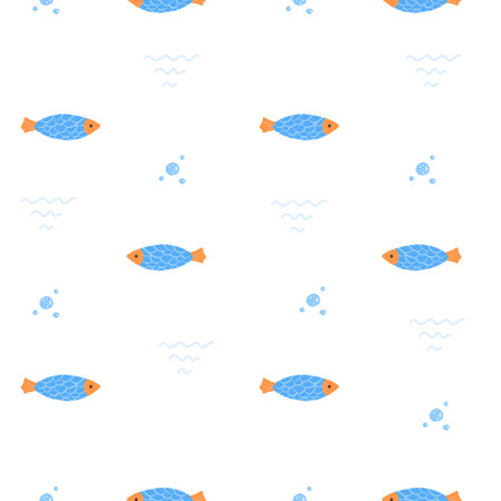 Fish seamless minimalistic pattern with blue bubbles. Aquarium and sea life. Cute childish character print for wall art or textile design.の写真素材