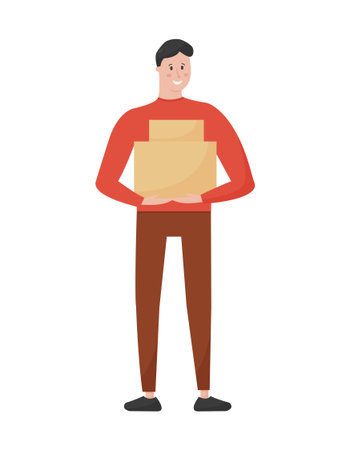 Young adult man holds cardboard boxes in hands. Moving home and delivery. Minimal flat vector illustration.のイラスト素材
