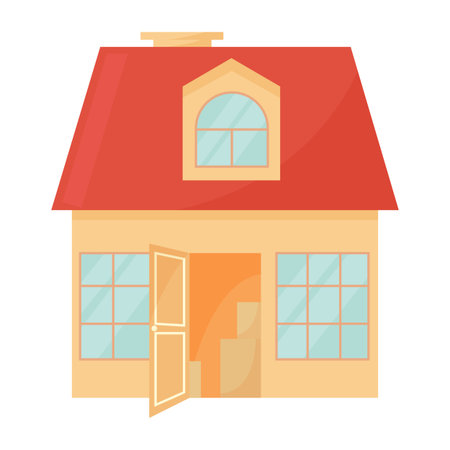 Moving to new house. Open door and cardboard boxes inside home.のイラスト素材
