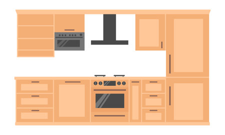 Kitchen furniture interior design. Built-in appliances such as refrigerator and dishwasher. Lots of cupboards and shelves. Design project.のイラスト素材