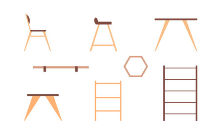 Kitchen and living room furniture simple flat set including table chair and shelves.のイラスト素材