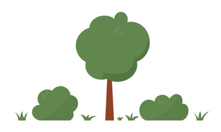 Tree and green bush and grass set. Simple flat cartoon elements for landscaping or park design.のイラスト素材