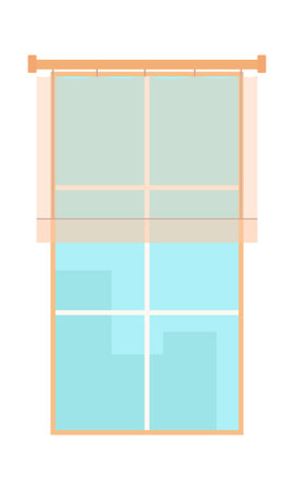 Floor to ceiling glass window frame with cityscape view and transparent roll curtain. Simple flat cartoon style illustration.のイラスト素材