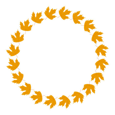 Autumn maple leaf wreath. Circle frame template for greeting cards or prints. Cozy flat illustration.のイラスト素材