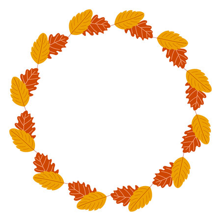 Autumn golden yellow oak leaves wreath. Circle frame template for greeting cards or prints. Cozy flat illustration.のイラスト素材